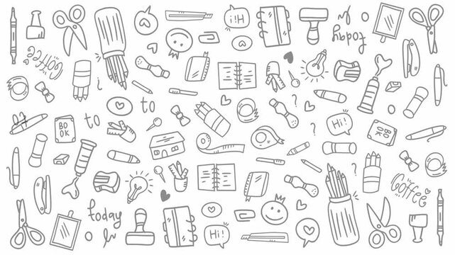 Simple animated back to school design with white doodle supplies on bright white background