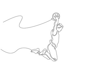 Basketball dunk continuous line. Continuous one line drawing of basketball player jumps high to score with slam dunk. Basketball man action concept. Single line drawing