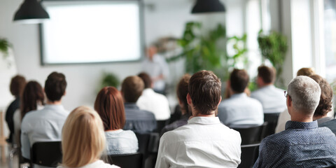 business training seminar education lecture staff meeting or workshop, abstract people group siting in auditorium learning listening to presentation