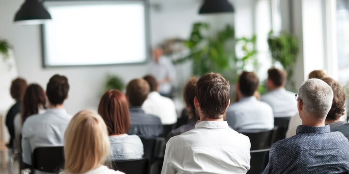 business training seminar education lecture staff meeting or workshop, abstract people group siting in auditorium learning listening to presentation - Powered by Adobe
