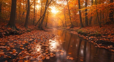 A tranquil stream flows through an autumn forest, the water reflecting the vibrant fall foliage and the sunlight filtering through the trees.