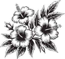 Elegant black and white floral illustration of hibiscus flowers and foliage arrangement