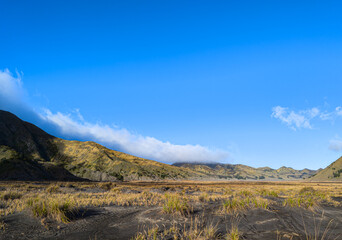 Fototapeta premium Open valley under a brilliant blue sky. In the background, a long mountain ridge slopes across the scene, with the hillsides covered in green and yellow vegetation. 