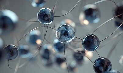 Interconnected translucent spheres of varying sizes, suspended by thin, metallic wires against a muted grey backdrop, creating an abstract network visualization