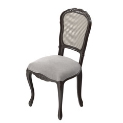 Classic French Cane Dining Chair, Dark Wood, Gray Fabric, Isometric View 3D Render