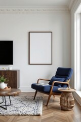 scandinavian style living room, single blank frame on wall, dark wooden sideboard, navy blue armchair, daylight