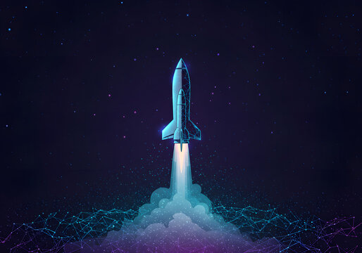 Isolated spaceship rocket launch into starry sky concept
