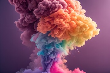 Obraz premium Abstract Rainbow Colored Smoke Plume Rising on Purple Background for Creative Projects