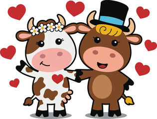 Obraz premium Adorable Cow Couple in Love Cartoon Illustration