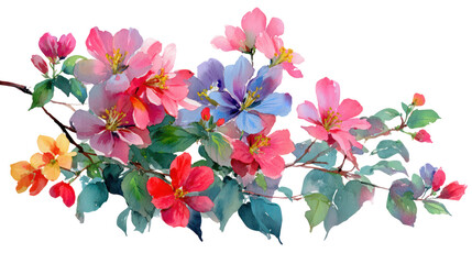 Mixed garden flowering bush with colorful watercolor blossoms transparent background