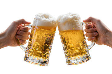 Hands holding and clinking glass beer mugs with foam, PNG clip art isolated on transparent background. Two hands holding beer mugs clinking together. Oktoberfest, drinking, party