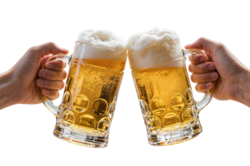 Hands holding and clinking glass beer mugs with foam, PNG clip art isolated on transparent background. Two hands holding beer mugs clinking together. Oktoberfest, drinking, party