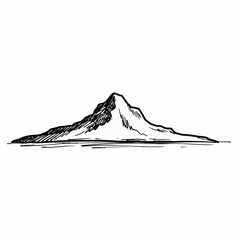 A monochrome sketch of a mountain peak, hand-drawn with black ink lines and shading on a white background.