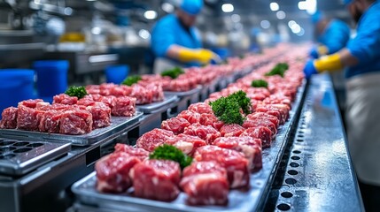 Workers skillfully arrange fresh meat cuts in a busy processing facility, showcasing their artistry