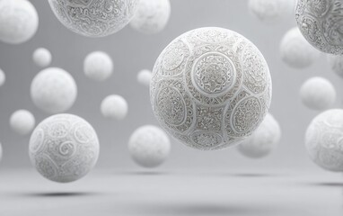 Intricate, off-white spheres with embossed patterns float against a muted grey backdrop, creating a sense of ethereal depth and delicate texture