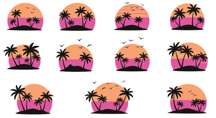 Seamless Tropical Island Sunset Pattern with Palm Trees and Birds Silhouette