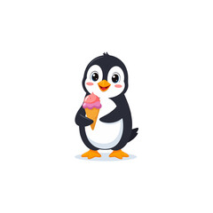 Fototapeta premium Adorable cartoon penguin enjoying a sweet strawberry ice cream cone on a sunny day.