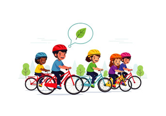 Five children in helmets riding bicycles among green foliage, perfect for outdoor adventure or safetythemed designs. Cycling safety concept.