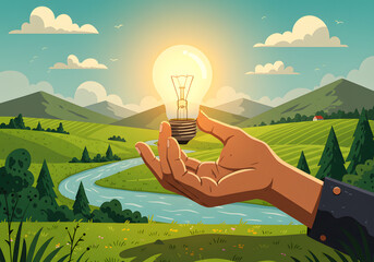 Lightbulb idea hand illustration green landscape background