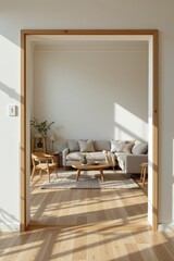 spacious living room with empty frame, wooden furniture, sunlight casting shadows on floor