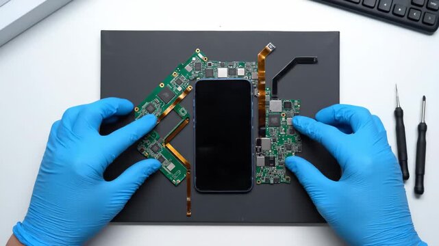 Smartphone Disassembly and Component Sorting - A flat lay overhead shot shows a dark gray surface on a white desk, accompanied by a keyboard and precision screwdrivers.