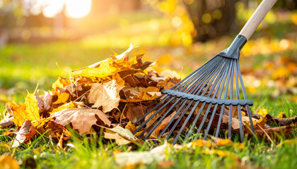 Rake and fallen leaves. Cleaning garden tool. Autumn season.