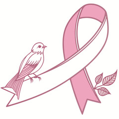 Obraz premium A delicate pink ribbon with a small bird perched on it and a sprig of leaves symbolizing hope and awareness
