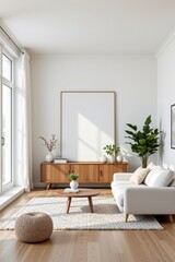 bright living room with empty frame, white sofa, wooden sideboard, hanging pendant lights