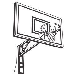 A simple black and white illustration of a basketball hoop and backboard on a white background