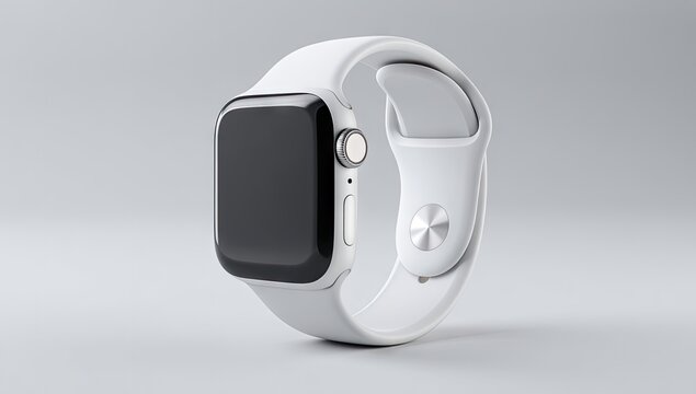Sleek, silver-framed smartwatch with a blank black screen and a white silicone band, angled on a neutral background