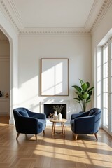 contemporary living space with empty frames, wooden flooring, velvet armchairs, sunlight shadows