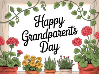 Happy grandparents day celebration with blooming flowers and greenery outside a window