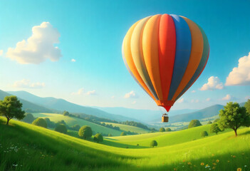 Obraz premium Colorful Hot Air Balloon Flying Over A Lush Green Landscape