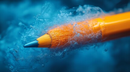 An orange pencil emerges from a deep blue background, creating mesmerizing ripples as it interacts with water