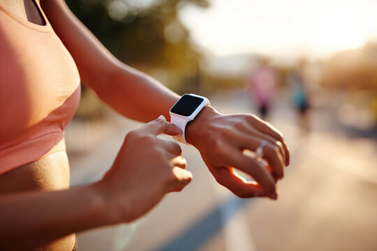 Fitness enthusiast checking her smartwatch during a morning run in a park
