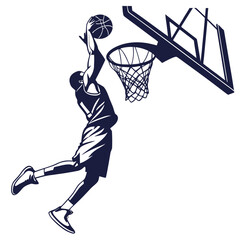 Dynamic silhouette of a basketball player performing a powerful dunk over the hoop