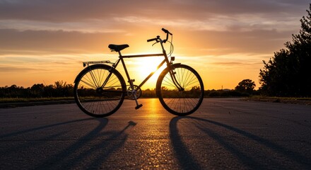 Peaceful Golden Hour Silhouette of a Bicycle on an Empty Road with Sunburst and Bokeh