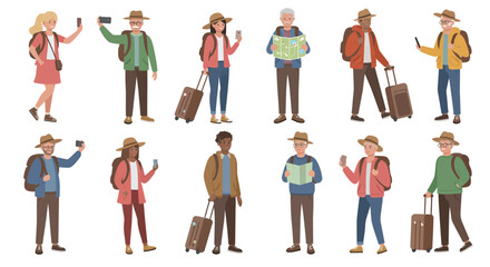 Diverse group of tourists with luggage maps and phones on a white background