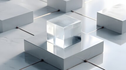 Obraz premium Clear Glass Cube Positioned on Reflective Surfaces with Geometric Design and Subtle Lighting Effects
