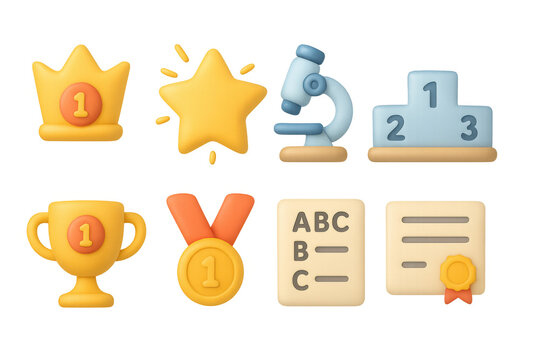 3d icons of achievement and education: trophy, medal, star, microscope, podium, certificate