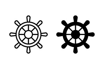 Obraz premium Two ship wheels one outlined and one filled in black showing nautical theme and direction