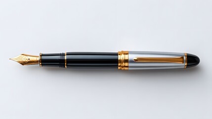 Naklejka premium Elegant Black Fountain Pen with Gold and Silver Accents on a Minimalist White Background