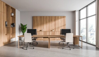 Fototapeta premium Light-filled modern office with light wood paneling