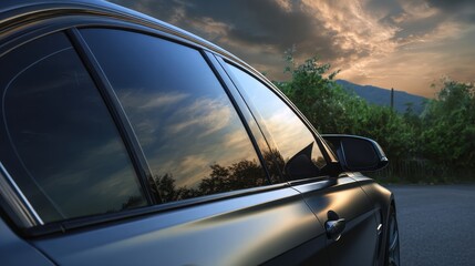A 4K photo of side view of car window tint, ceramic film provides heat rejection and UV protection.