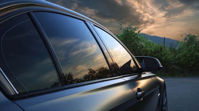 A 4K photo of side view of car window tint, ceramic film provides heat rejection and UV protection.