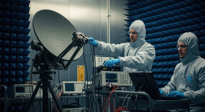 Engineers wear protective gear while conducting electromagnetic interference tests on a deployed tactical satellite antenna.