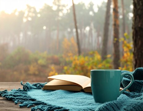 Cozy autumn scene with book, mug, and blanket (1) - Powered by Adobe