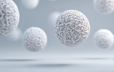Intricate white spheres with lacy patterns float against a muted grey background, creating a delicate and ethereal 3D composition