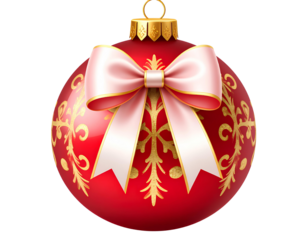 Red Christmas ball with a beautiful bow and a golden pattern. christmas design isolated on transparent background.