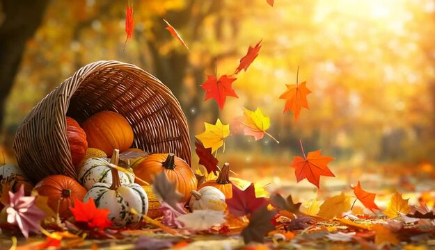 Thanksgiving cornucopia wicker basket overflowing with autumn harvest, orange and white pumpkins, gourds, squash spilling out, surrounded by colorful fall leaves